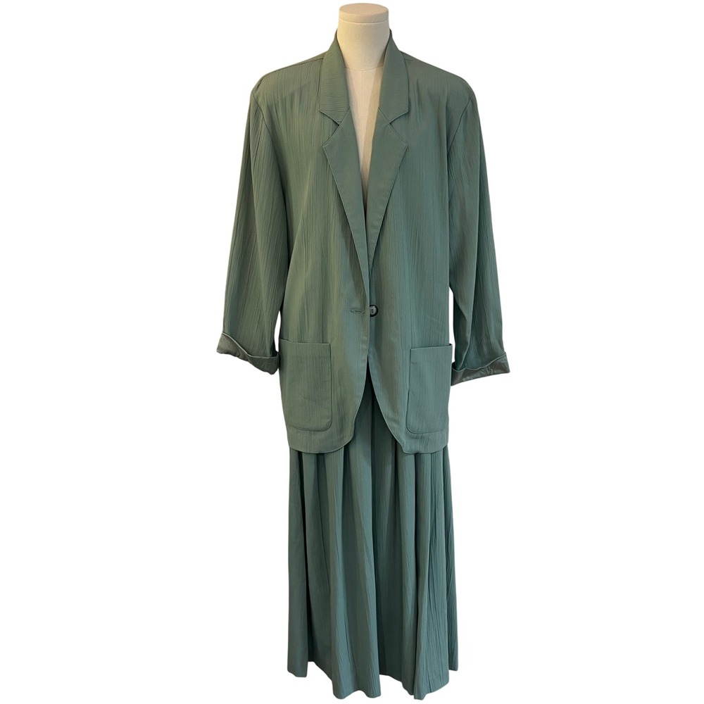 Vintage Maggie Lawrence Green Crinkle Skirt Suit Set Oversized Blazer Maxi L XL